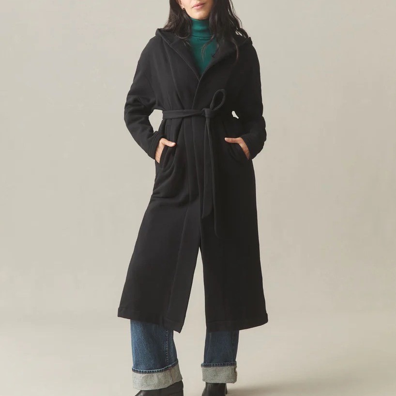 American Giant Fleece Long Coat Womens Black Shawl Hood Collar w/Removable Belt