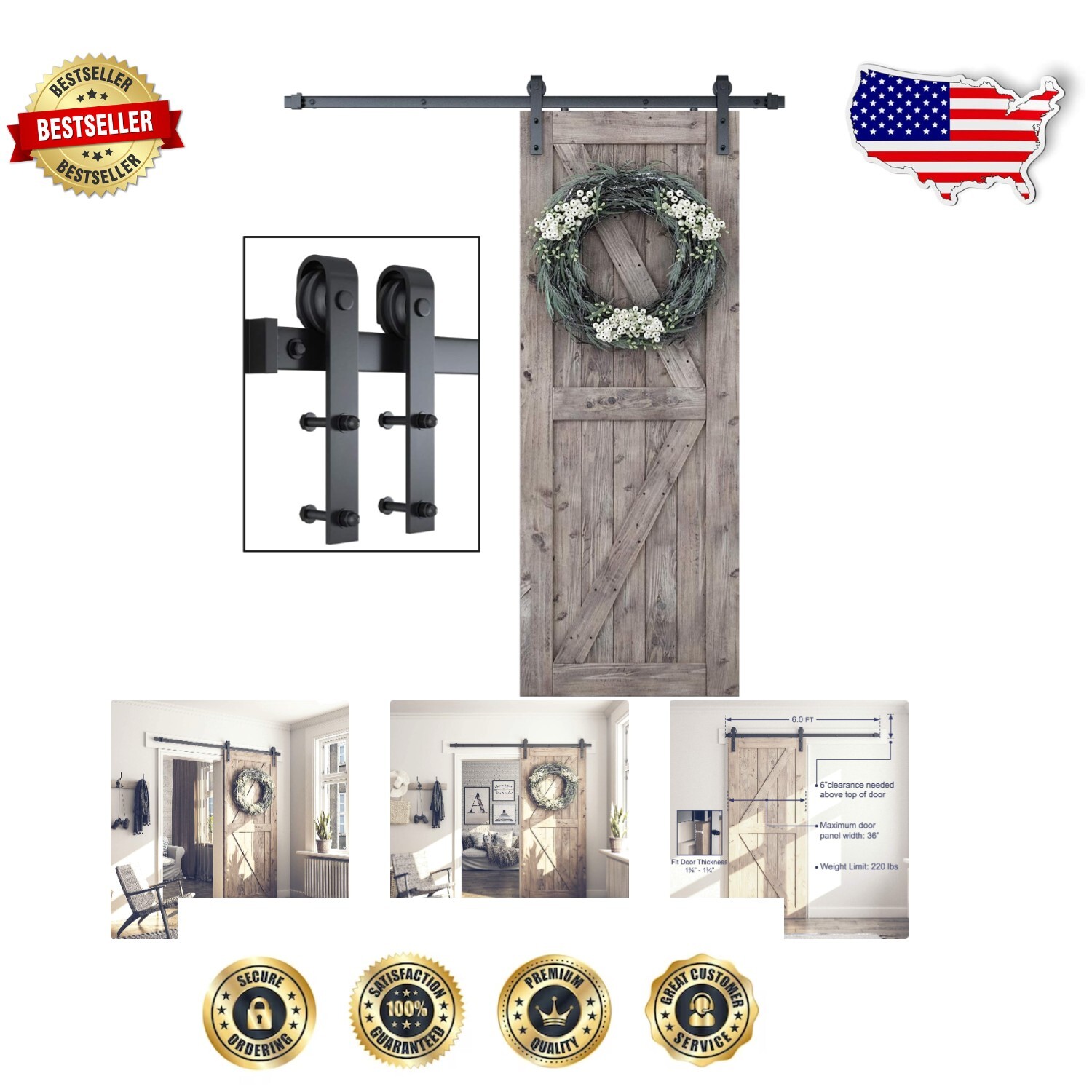6ft Heavy-Duty Sliding Barn Door Hardware Kit for Modern Spaces - Black Finish