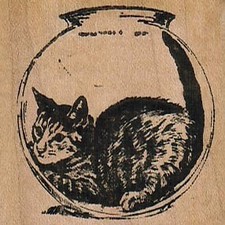 Cat In Fishbowl 2 x 2" Rubber Stamp, Animal Stamp, Cat Stamp
