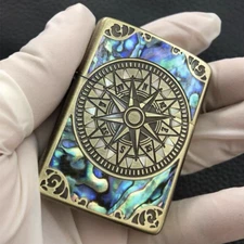 Armor Natural Green Inlay Shell With Antique Gold Compass Engraved Zippo Lighter
