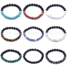 8mm Natural Black Lava Stone MultiColor Gems Round Beads elastic Bracelet 7.5''