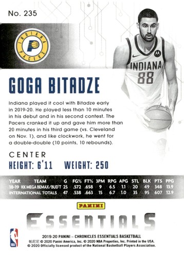2019-20 Panini Chronicles - Essentials #235 Goga Bitadze (RC) -TEAL - Picture 2 of 2