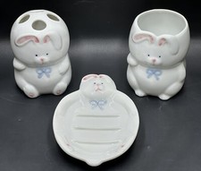 LillianVernon Bunny Bathroom SET 3 Toothbrush Holder Tumbler Soap Dish Vintage