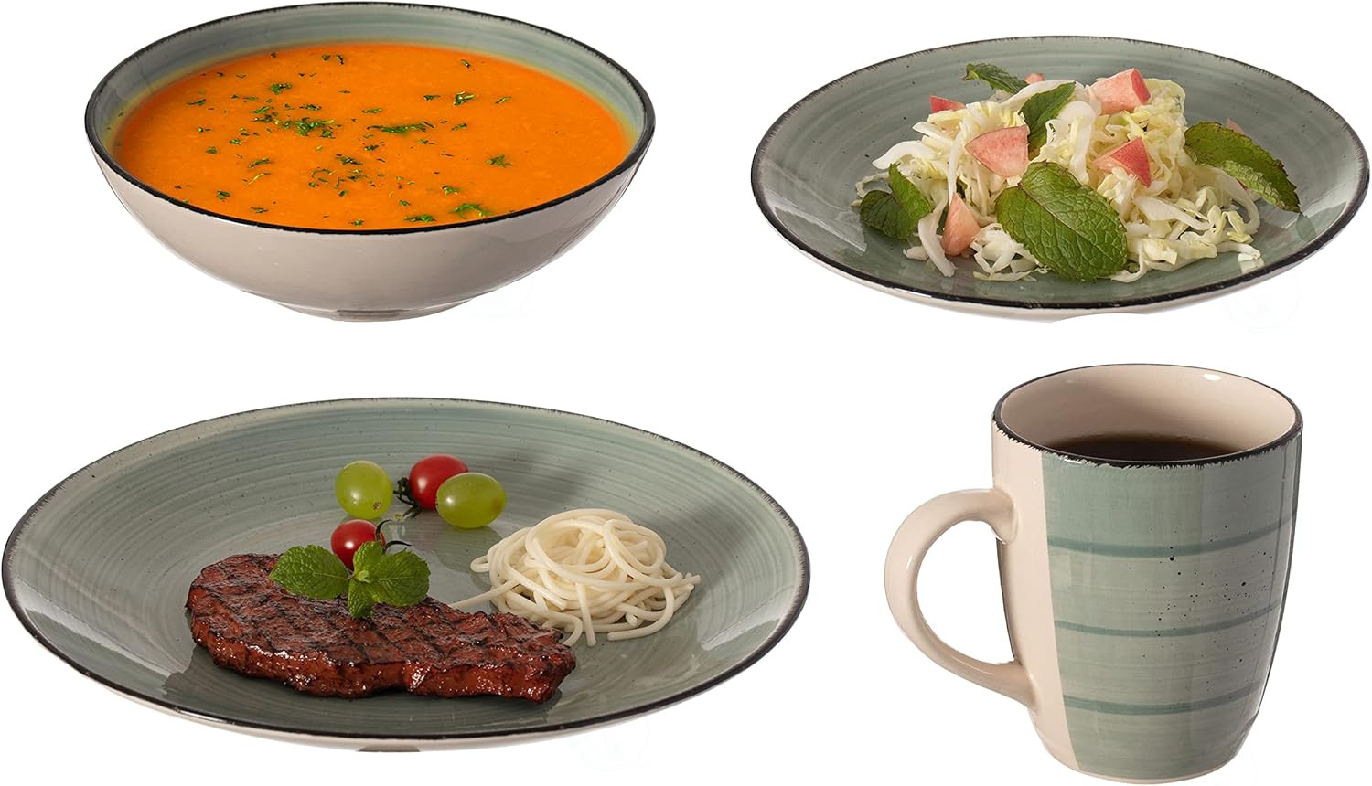 Rimmed Dinnerware Set | Mugs, Salad and Dinner Plates and Bowls Sets, Dishes wit