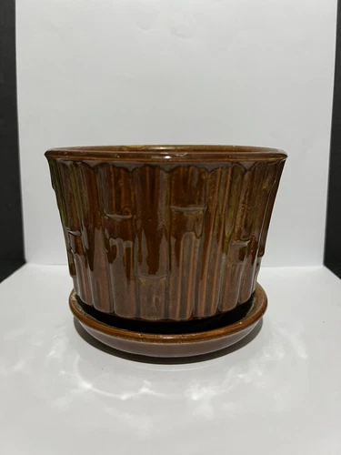 Vintage McCoy #0373 Brown Glaze Bamboo Planter Pot With Attached Saucer