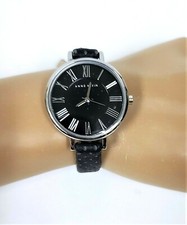 NEW ANNE KLEIN SILVER TONE,BLACK PERFORATED TOP LEATHER BAND,WATCH AK/1545