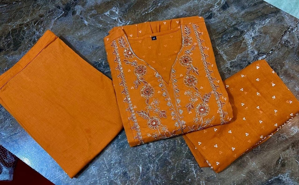 Cambric Cotton Embroidered Kurta Set with Pant and Malmal Dupatta for Women (L to 3XL)