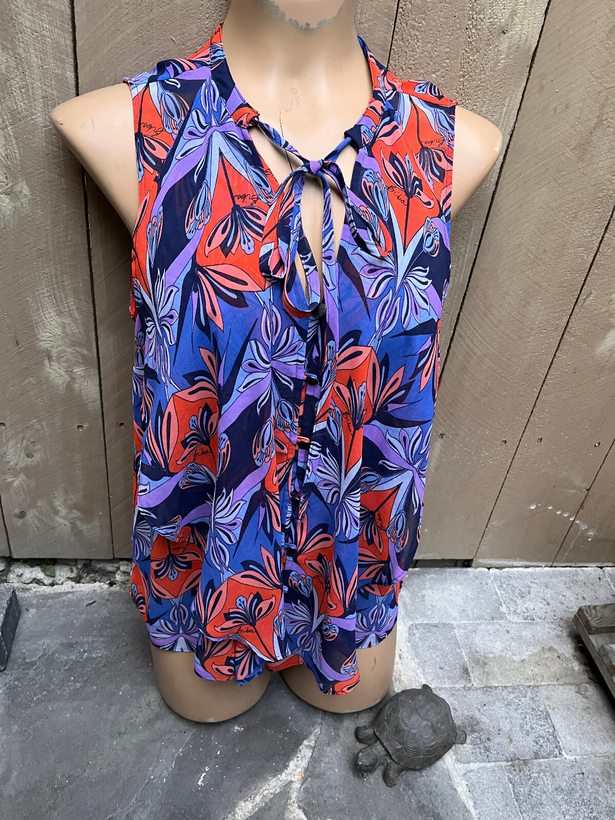 BIBA Multi-color Print Sleeveless 1/2 Button Top w/ Tie Neckline - Women's 12