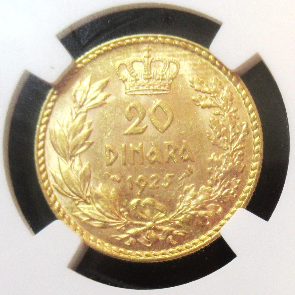 Yugoslavia: Alejandro I oro 20 Dinara 1925 MS62 NGC, KM7. Foto 2 de 4