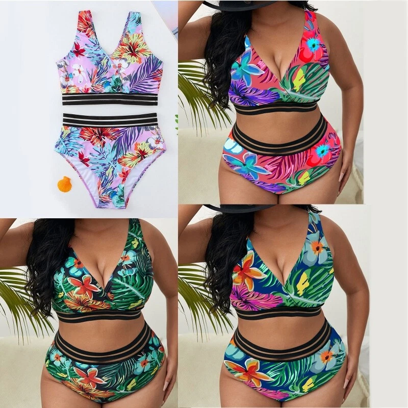 Fashion Short V Neck Swimsuit Beachwear Chest Gathered Printed Fat Bikini |  eBay