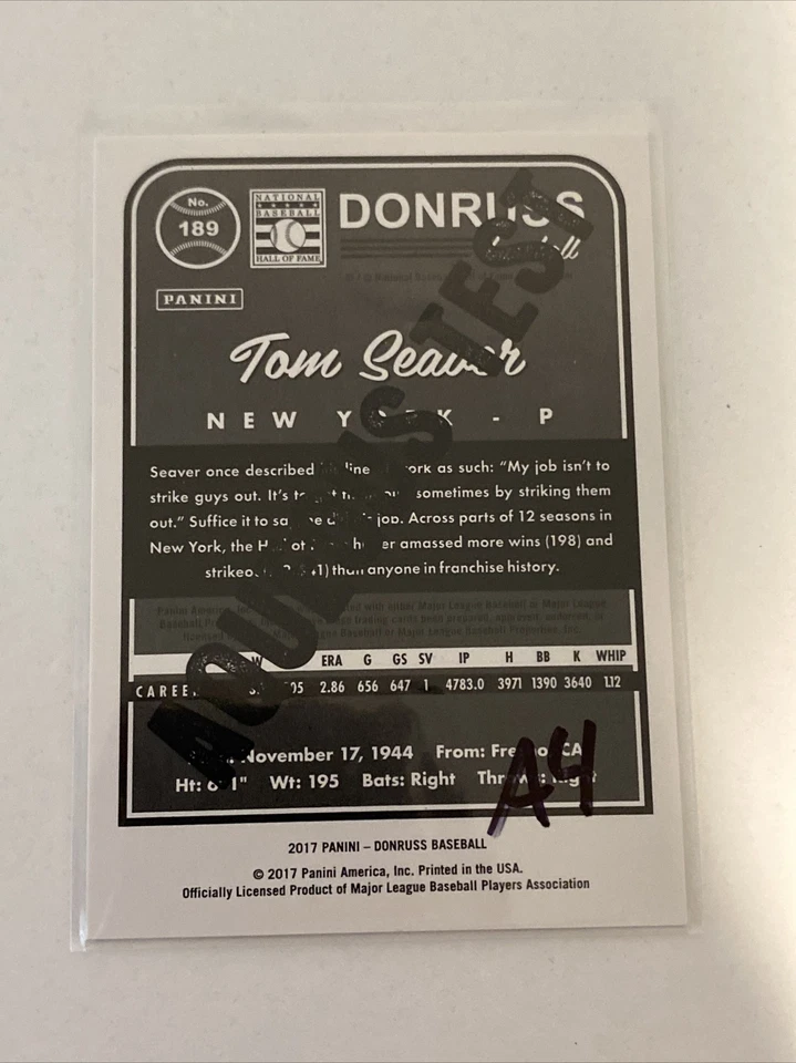 2017 DONRUSS #189 TOM SEAVER AQUEOUS TEST /49 NEW YORK METS - Image 2 of 2