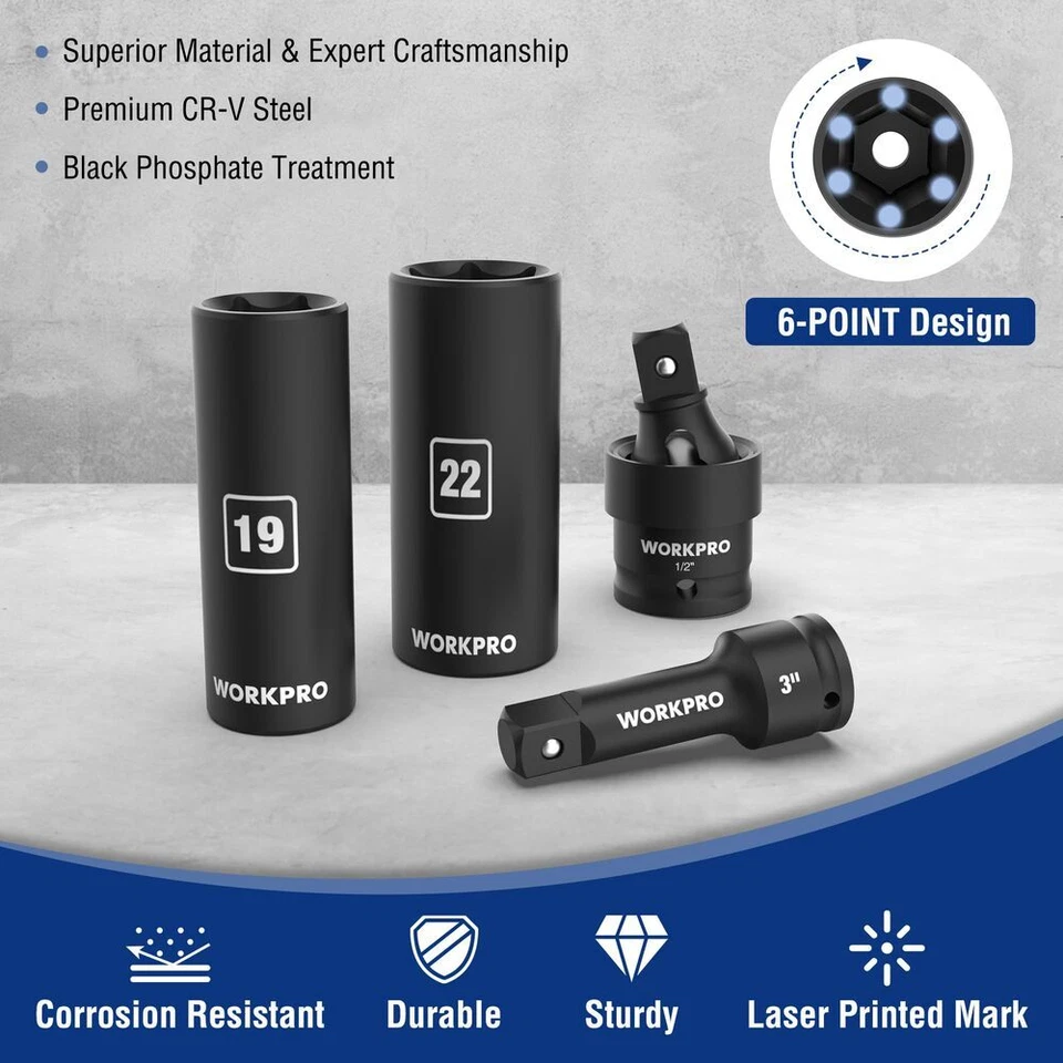 WORKPRO 65PC 1/2” Drive Impact Socket Sets 3/8"-1-1/4" 10-24mm Deep Shallow Kits - Image 4 of 4