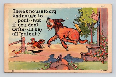 ''If You Don't Write I'll Be All Put Out'' Funny- Dog- A Curt Teich Linen Postcard