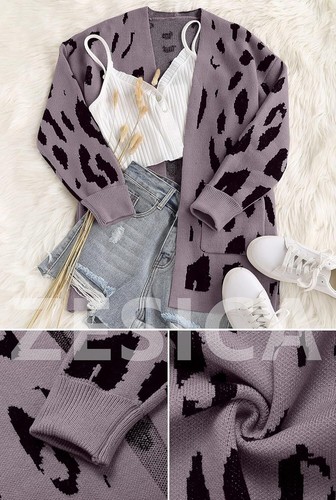 Spring Leopard Print Open Front Knit Cardigan Coat - Long Sleeves - Picture 42 of 148