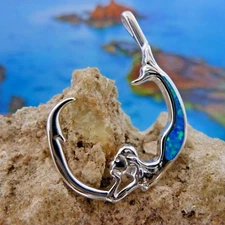 SLEEK HIGH POLISHED REAL STERLING SILVER MERMAID SLIDE PENDANT WITH BLUE OPAL