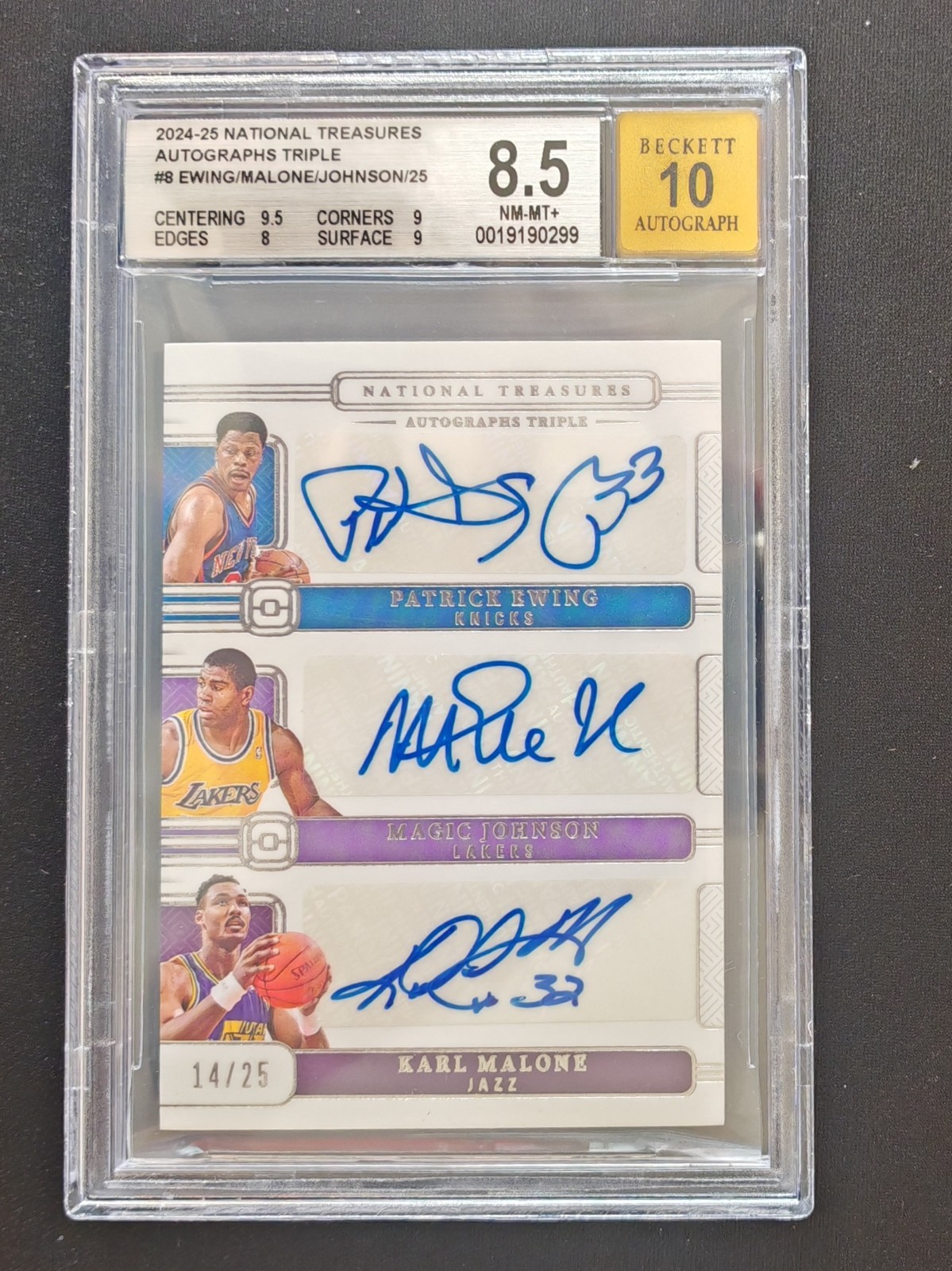 2024-25 National Treasures Ewing/Magic Johnson/Karl Malone Auto 14/25 BGS 8.5/10 view 1