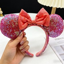 Disney Parks Minnie Ears Sequin Orange Red Bow Exclusive Limited Party Headband