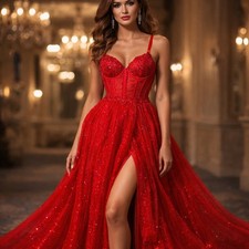Stacees Red Prom Dress Corset Bodice Slit Train Sparkle Formal Gown NWT Custom