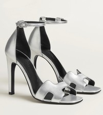 $1.3K Hermes Joy 105 SILVER Calfskin Leather Ankle Strap Sandals Heels 37