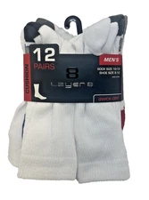 NWT Layer 8 Sock Size 10-13 Men's Qwik-Dry Cushioned Crew Socks White 12-Pairs