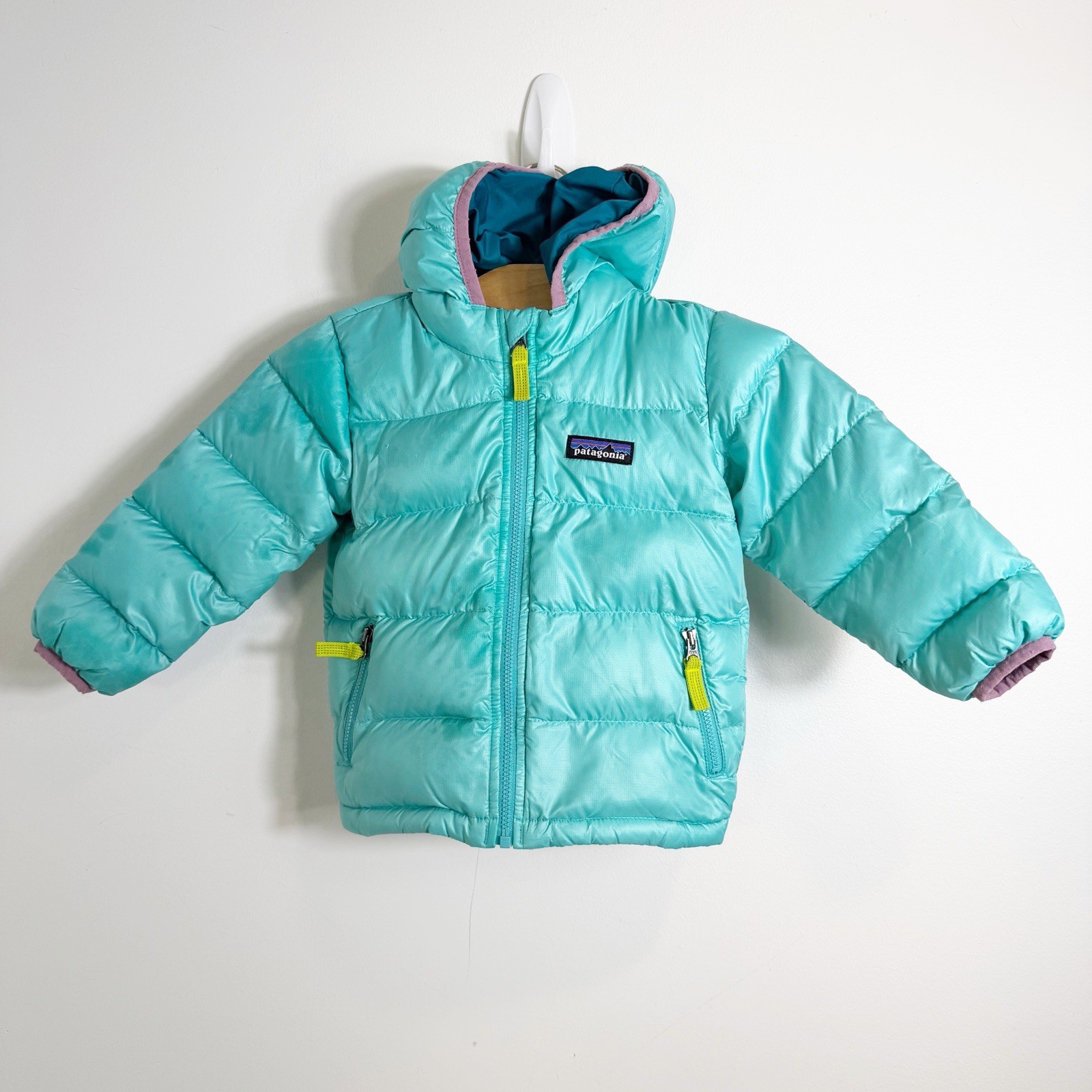 Patagonia Baby Hi Loft Down Sweater Hoodie Jacket Teal Infant 12-18 Months