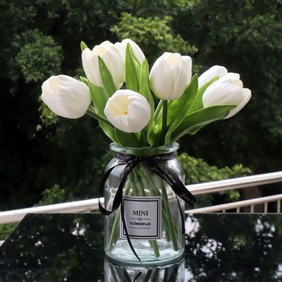 10pcs Fake Faux Tulips in Vase,Silk White Tulipanes Tulips Artificial Flowers...