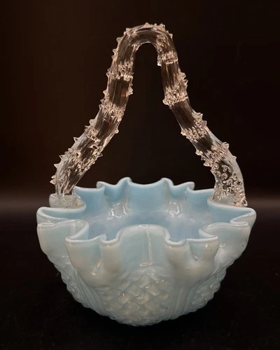 Vintage Fenton Art Glass Baby Blue Hobnail Ruffle Crimped Basket 4.5” D 6” T