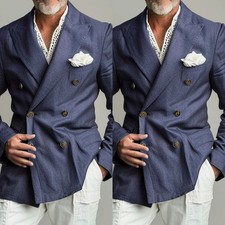 Navy Men Suits Wide Peak Lapel Formal Dinner Party Groom Double Breasted Blazer