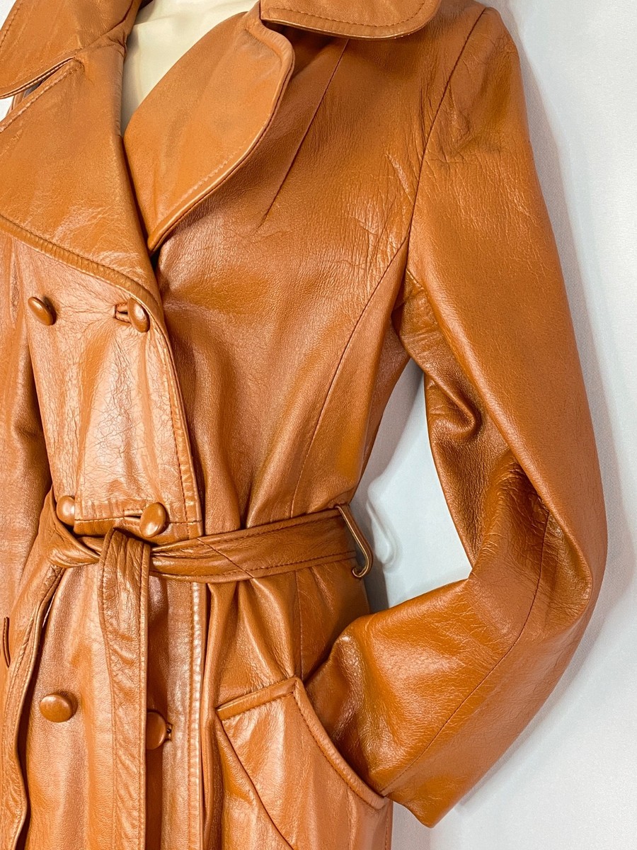 Vintage 1970s brown leather trench coat M caramel light orange