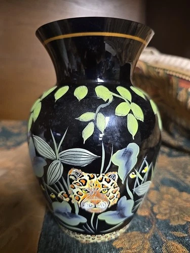 Fenton Glass Midnight Safari Jungle Vase Hand Painted Signed Big Cat