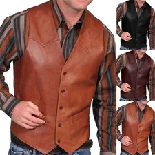 Mens Solid Leather V Neck Pocket Retro Color Vest Blouse+ Button Western Cowboy