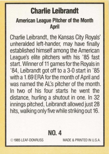 1985 Donruss Highlights Baseball Charlie Leibrandt Kansas City Royals #4 - Picture 2 of 2