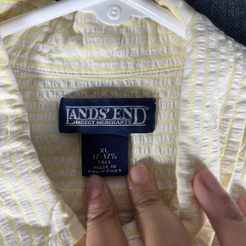 Lands' End Men Dress Shirt 17.5 Yellow White Striped Textured Cotton Button-Down - Picture 6 of 11