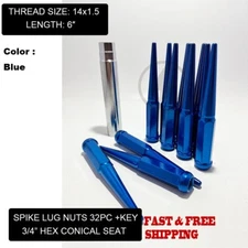 FIT GMC SAVANA SIERRA 2500 3500 HD DUALLY SPIKE LUG NUTS 6" 14x1.5 BLUE 32PC+KEY