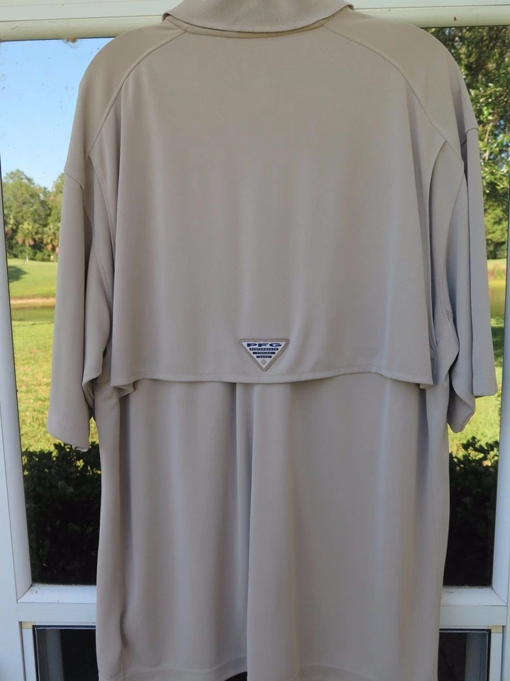 Columbia PFG Hombres Manga Corta Omni-Congelante Beige Ventilado Pesca Polo Grande Foto 3 de 4