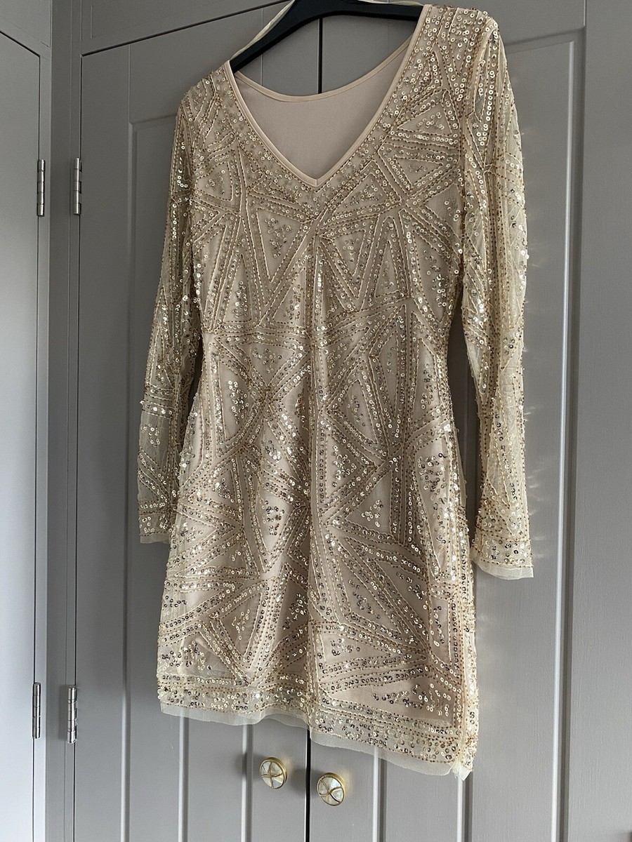 Boohoo Gold Bodycon Sequinned Beaded Party Dress Mesh Size M UK 8 Xmas  Party | eBay UK