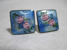 Vintage Sterling Silver Enamel Pink Roses Earrings Screw Back