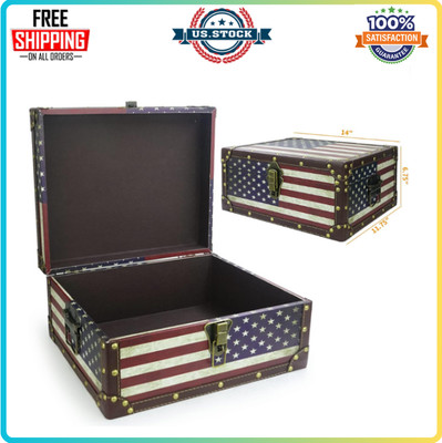 Large Vintage Decorative Storage Trunk - Wooden American Flag Treasu