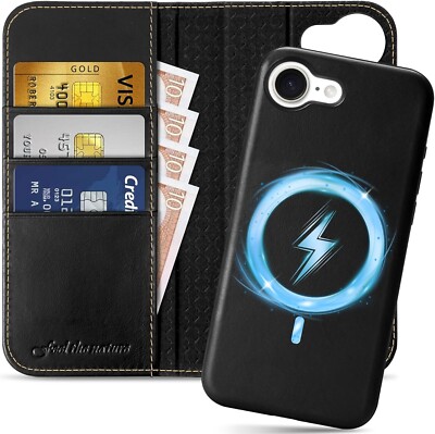 Hülle für iPhone 16e 6,1'', Echtleder Abnehmbar 2 in 1 Brieftasche Magnet