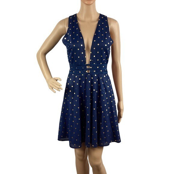 showpo. One Last Night Mini Dress Size 6 Navy Gold Polka Dot Party Cocktail