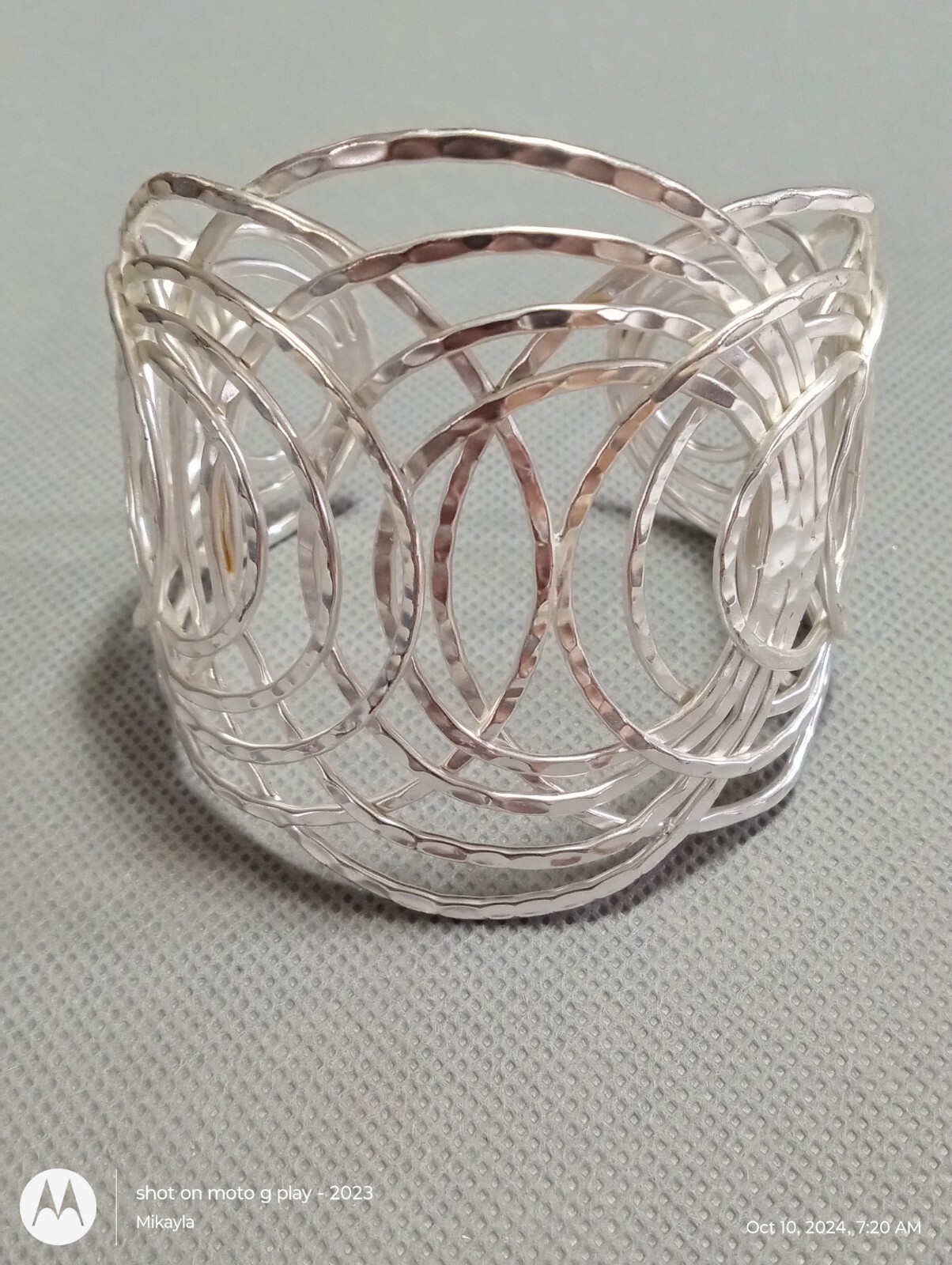 Silver Tone Linked Ring Cuff Bracelet Hammered - image 1
