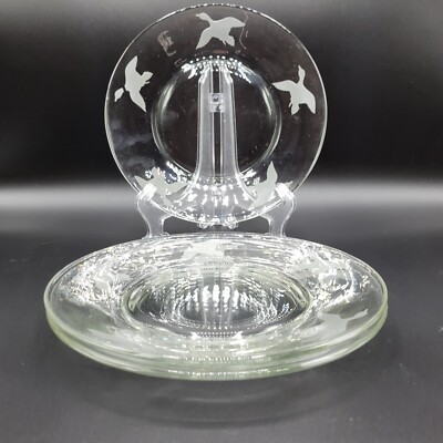 Vintage Set of 3 Engraved Duck Birds Salad Dessert Clear Glass Plate Elegant 8''