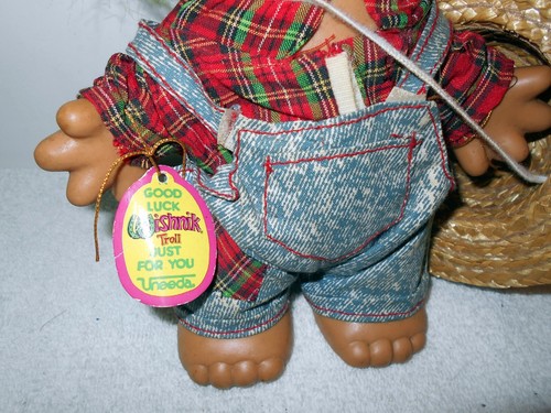 De Colección Uneeda Wishnik Muñeca Troll Pelo Verde Sombrero de Paja Babero Mono Camisa de Franela 8" - Imagen 3 de 6