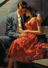 Vintage Style 1950 Romantic Couple Art Print- Original Contemporary Illustration