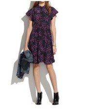 Preloved Madewell  night Orchid  Silk Dress Sz 8 Flutter Sleeve Deep Blue 08770