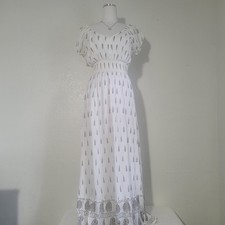 Lapagee White Beige Paisley Puff Sleeve Square Neck Midi Sundress Size Medium 