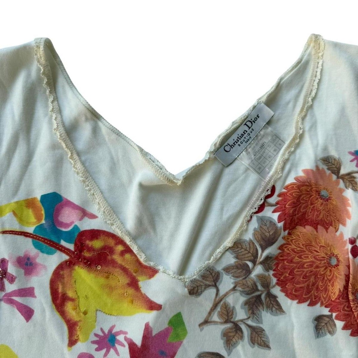 Christian Dior Sequin Jewel Embellished Ruffle Floral Top White 
