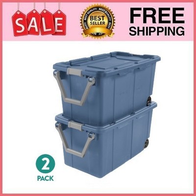 Sterilite Extra-Large Wheeled Industrial Storage Bin, 40 Gal, Plastic, Blue,2 pk