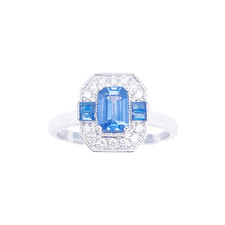 18ct Gold Natural Sapphire Diamond Halo Ring Round & Emerald Cut 1.00ct