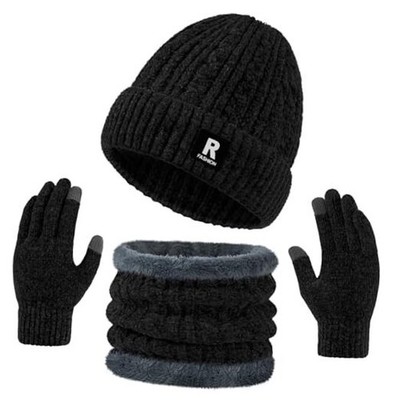 Winter Beanie Hat Scarf Gloves Set, Warm Fleece Lined Skull Cap Neck Black-1